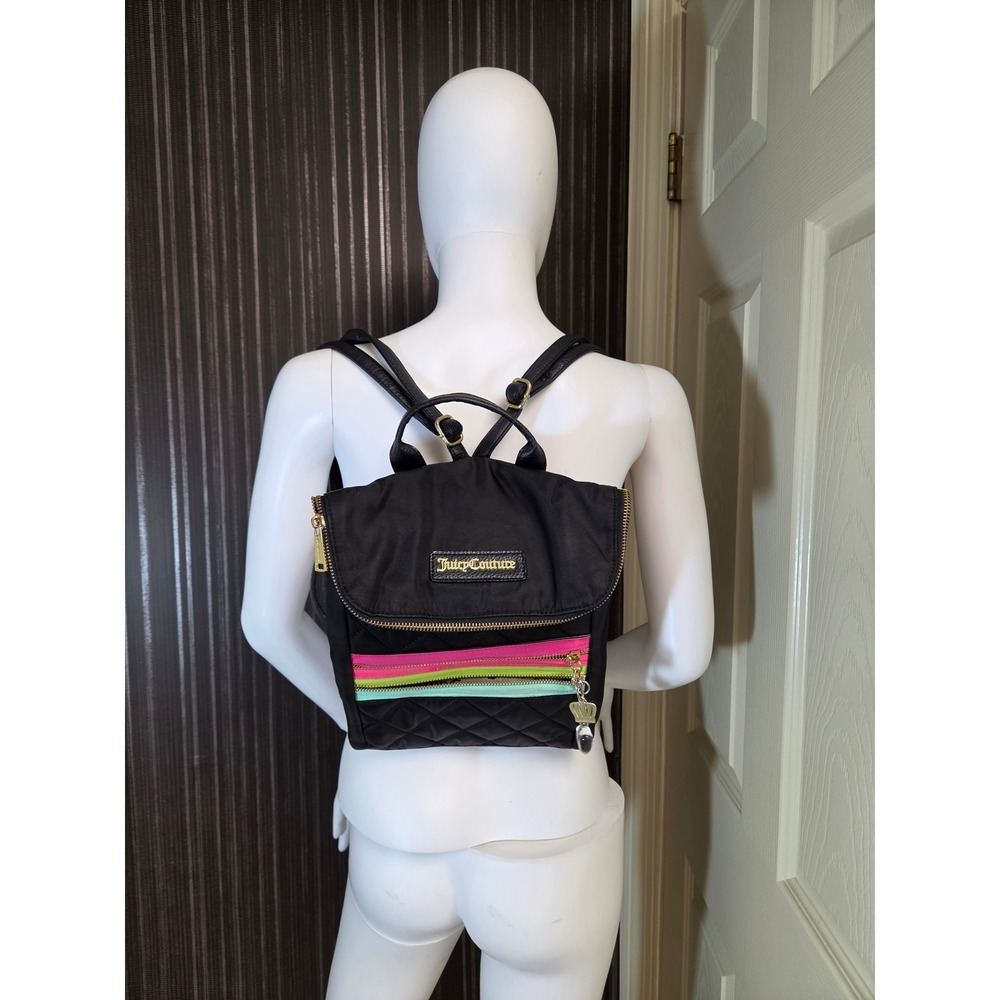 Juicy Couture Black Nylon Quilted Mini Backpack Multi Color Zippers Y2K Style
